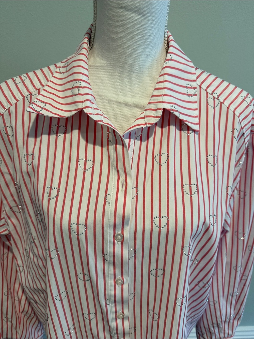 Nanette Lepore Pink and White Striped Button-Down Blouse sparkly hearts large
